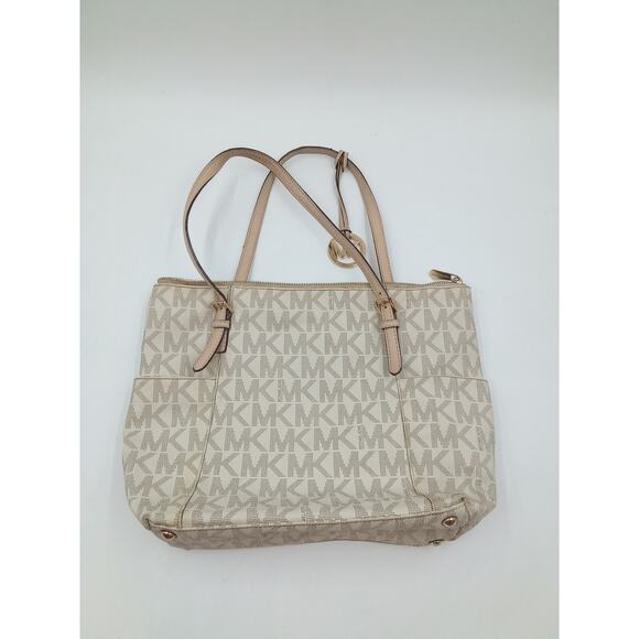 MICHAEL KORS JET SET TRAVEL TOTE BAG LARGE TOP SHOULDER MK VANILLA/TAN - Picture 1 of 4